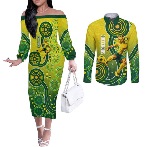 Personalized Australian Soccer Kangaroo Couples Matching Off The Shoulder Long Sleeve Dress and Long Sleeve Button Shirt Aboriginal Dot Pattern Green Gold Football Player