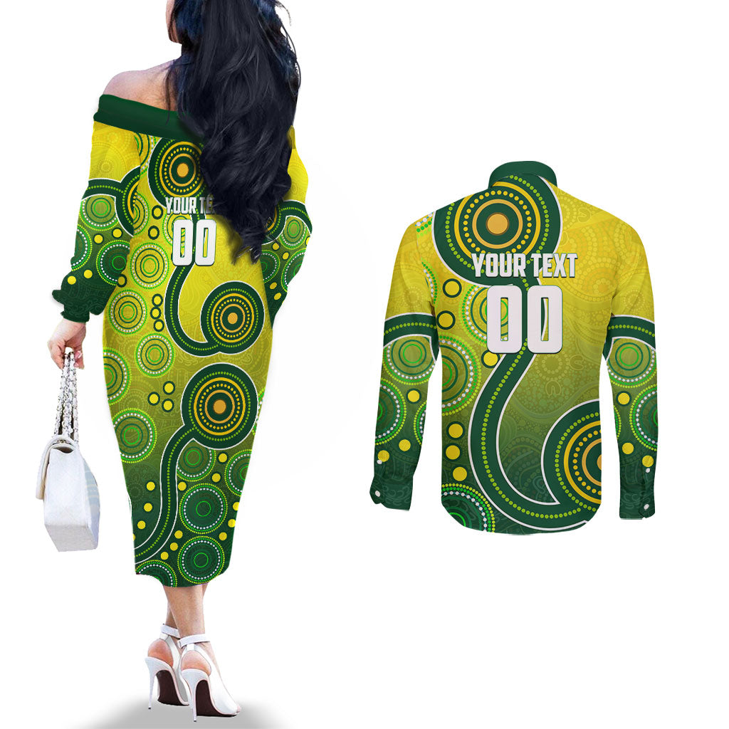 Personalized Australian Soccer Kangaroo Couples Matching Off The Shoulder Long Sleeve Dress and Long Sleeve Button Shirt Aboriginal Dot Pattern Green Gold Football Player