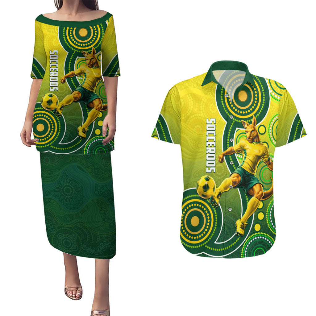 Personalized Australian Soccer Kangaroo Couples Matching Puletasi and Hawaiian Shirt Aboriginal Dot Pattern Green Gold Football Player