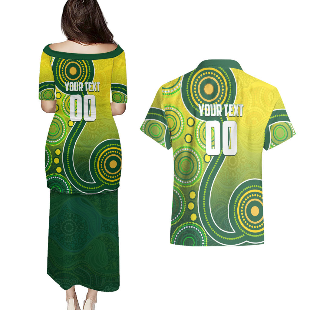 Personalized Australian Soccer Kangaroo Couples Matching Puletasi and Hawaiian Shirt Aboriginal Dot Pattern Green Gold Football Player