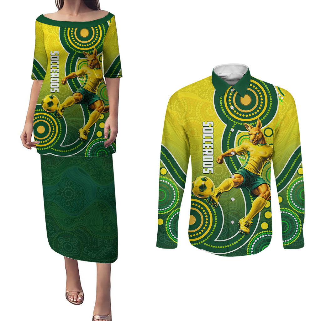 Personalized Australian Soccer Kangaroo Couples Matching Puletasi and Long Sleeve Button Shirt Aboriginal Dot Pattern Green Gold Football Player
