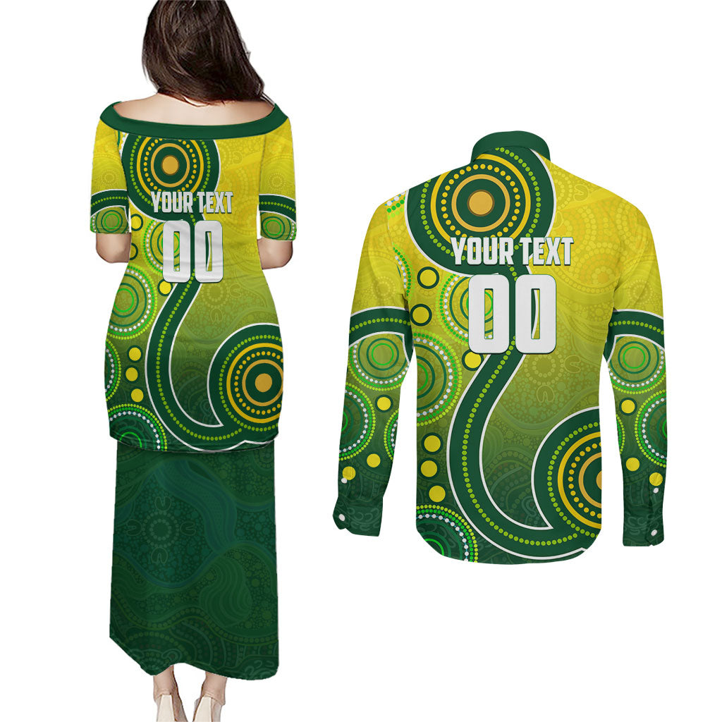 Personalized Australian Soccer Kangaroo Couples Matching Puletasi and Long Sleeve Button Shirt Aboriginal Dot Pattern Green Gold Football Player