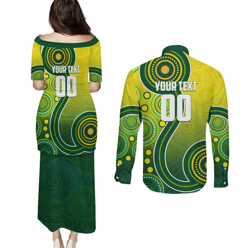 Personalized Australian Soccer Kangaroo Couples Matching Puletasi and Long Sleeve Button Shirt Aboriginal Dot Pattern Green Gold Football Player