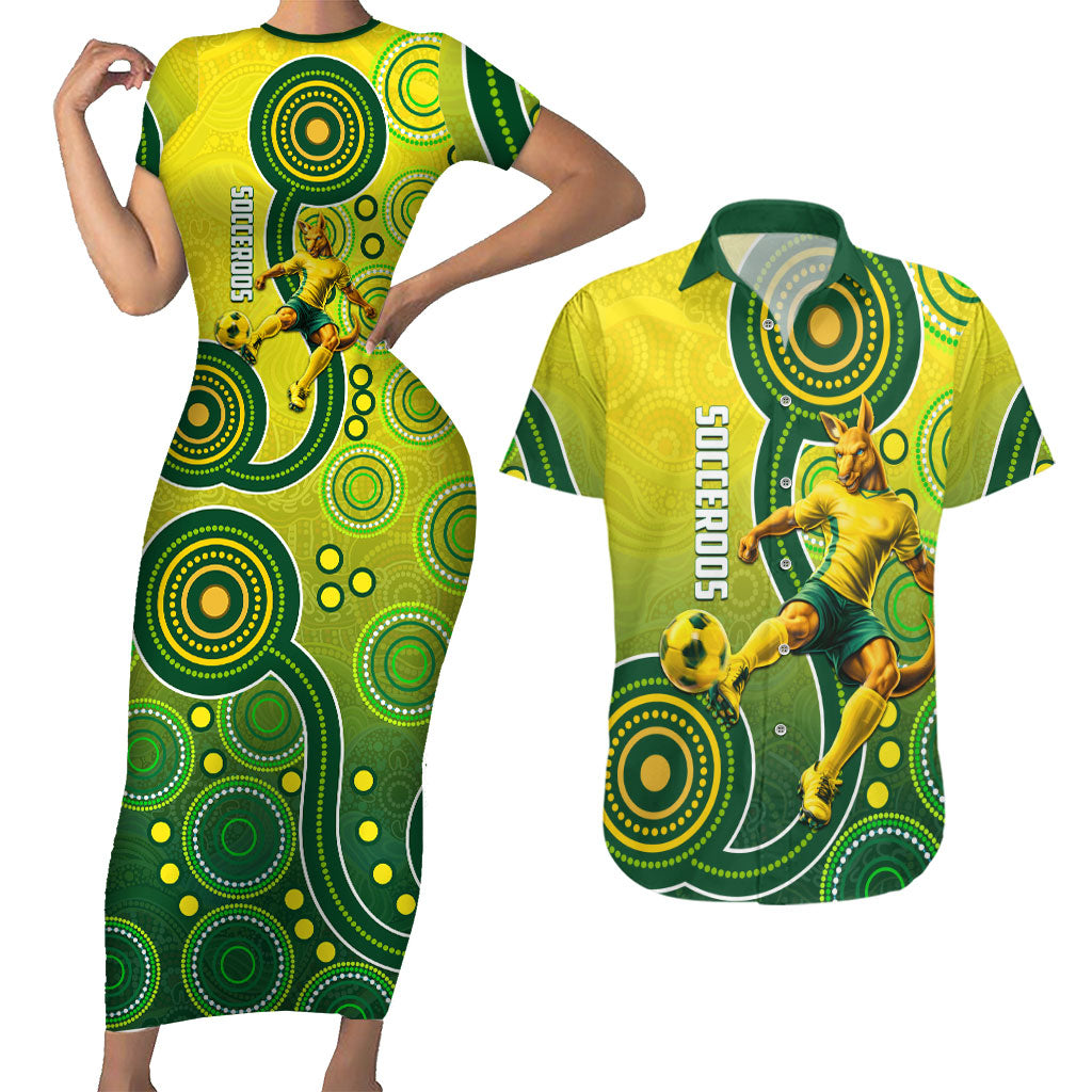 Personalized Australian Soccer Kangaroo Couples Matching Short Sleeve Bodycon Dress and Hawaiian Shirt Aboriginal Dot Pattern Green Gold Football Player