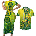 Personalized Australian Soccer Kangaroo Couples Matching Short Sleeve Bodycon Dress and Hawaiian Shirt Aboriginal Dot Pattern Green Gold Football Player