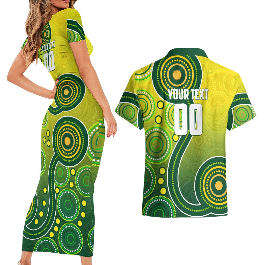 Personalized Australian Soccer Kangaroo Couples Matching Short Sleeve Bodycon Dress and Hawaiian Shirt Aboriginal Dot Pattern Green Gold Football Player