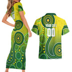 Personalized Australian Soccer Kangaroo Couples Matching Short Sleeve Bodycon Dress and Hawaiian Shirt Aboriginal Dot Pattern Green Gold Football Player