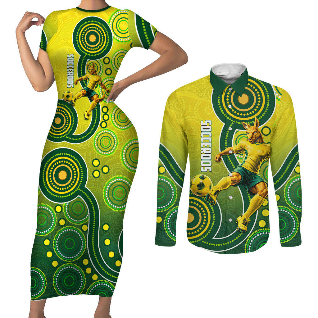 Personalized Australian Soccer Kangaroo Couples Matching Short Sleeve Bodycon Dress and Long Sleeve Button Shirt Aboriginal Dot Pattern Green Gold Football Player