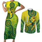 Personalized Australian Soccer Kangaroo Couples Matching Short Sleeve Bodycon Dress and Long Sleeve Button Shirt Aboriginal Dot Pattern Green Gold Football Player