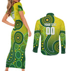 Personalized Australian Soccer Kangaroo Couples Matching Short Sleeve Bodycon Dress and Long Sleeve Button Shirt Aboriginal Dot Pattern Green Gold Football Player