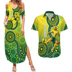 Personalized Australian Soccer Kangaroo Couples Matching Summer Maxi Dress and Hawaiian Shirt Aboriginal Dot Pattern Green Gold Football Player