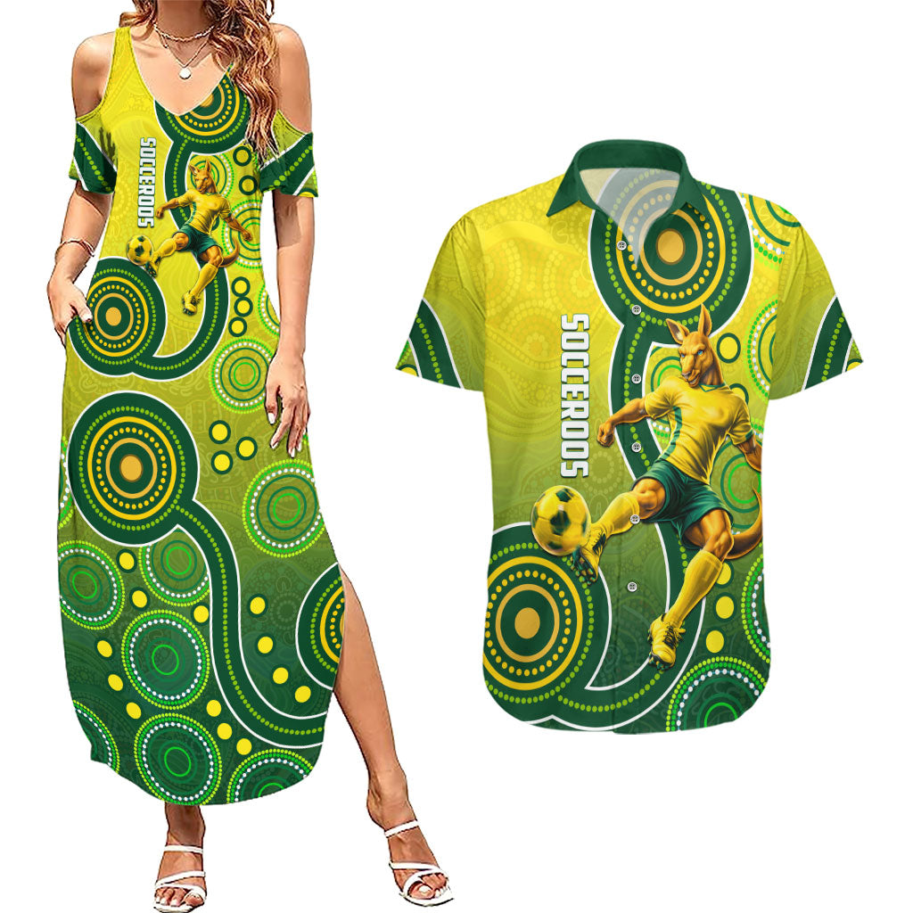 Personalized Australian Soccer Kangaroo Couples Matching Summer Maxi Dress and Hawaiian Shirt Aboriginal Dot Pattern Green Gold Football Player