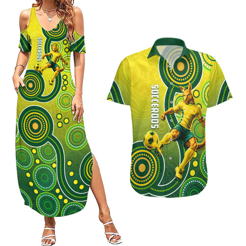 Personalized Australian Soccer Kangaroo Couples Matching Summer Maxi Dress and Hawaiian Shirt Aboriginal Dot Pattern Green Gold Football Player