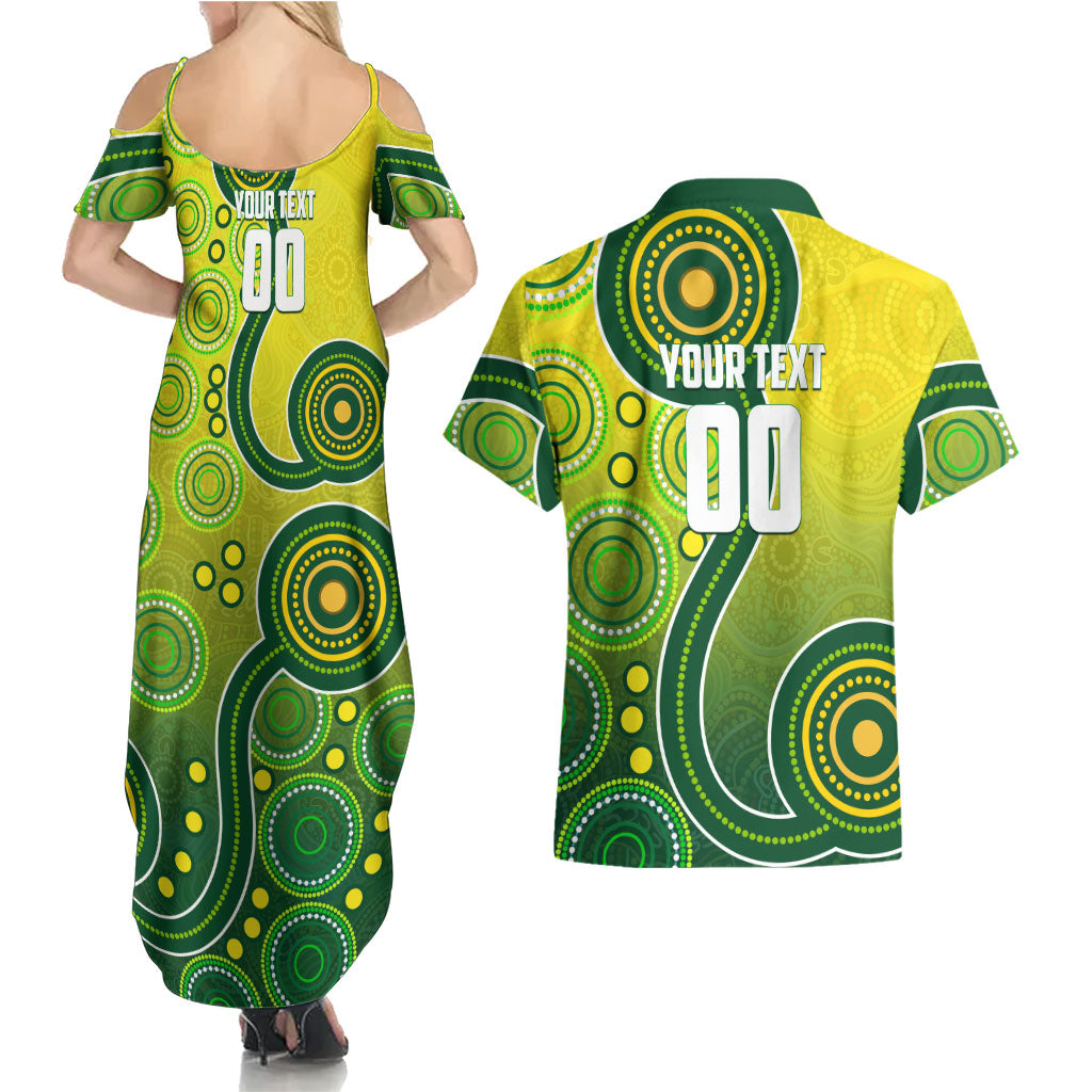 Personalized Australian Soccer Kangaroo Couples Matching Summer Maxi Dress and Hawaiian Shirt Aboriginal Dot Pattern Green Gold Football Player