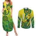 Personalized Australian Soccer Kangaroo Couples Matching Summer Maxi Dress and Long Sleeve Button Shirt Aboriginal Dot Pattern Green Gold Football Player