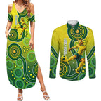 Personalized Australian Soccer Kangaroo Couples Matching Summer Maxi Dress and Long Sleeve Button Shirt Aboriginal Dot Pattern Green Gold Football Player