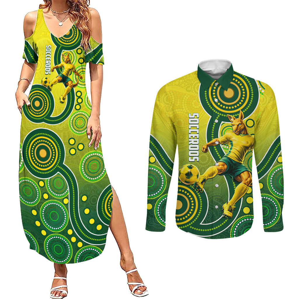 Personalized Australian Soccer Kangaroo Couples Matching Summer Maxi Dress and Long Sleeve Button Shirt Aboriginal Dot Pattern Green Gold Football Player