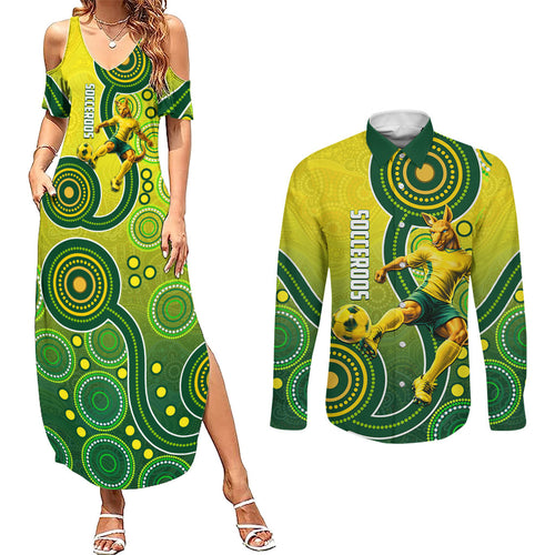 Personalized Australian Soccer Kangaroo Couples Matching Summer Maxi Dress and Long Sleeve Button Shirt Aboriginal Dot Pattern Green Gold Football Player