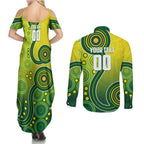 Personalized Australian Soccer Kangaroo Couples Matching Summer Maxi Dress and Long Sleeve Button Shirt Aboriginal Dot Pattern Green Gold Football Player