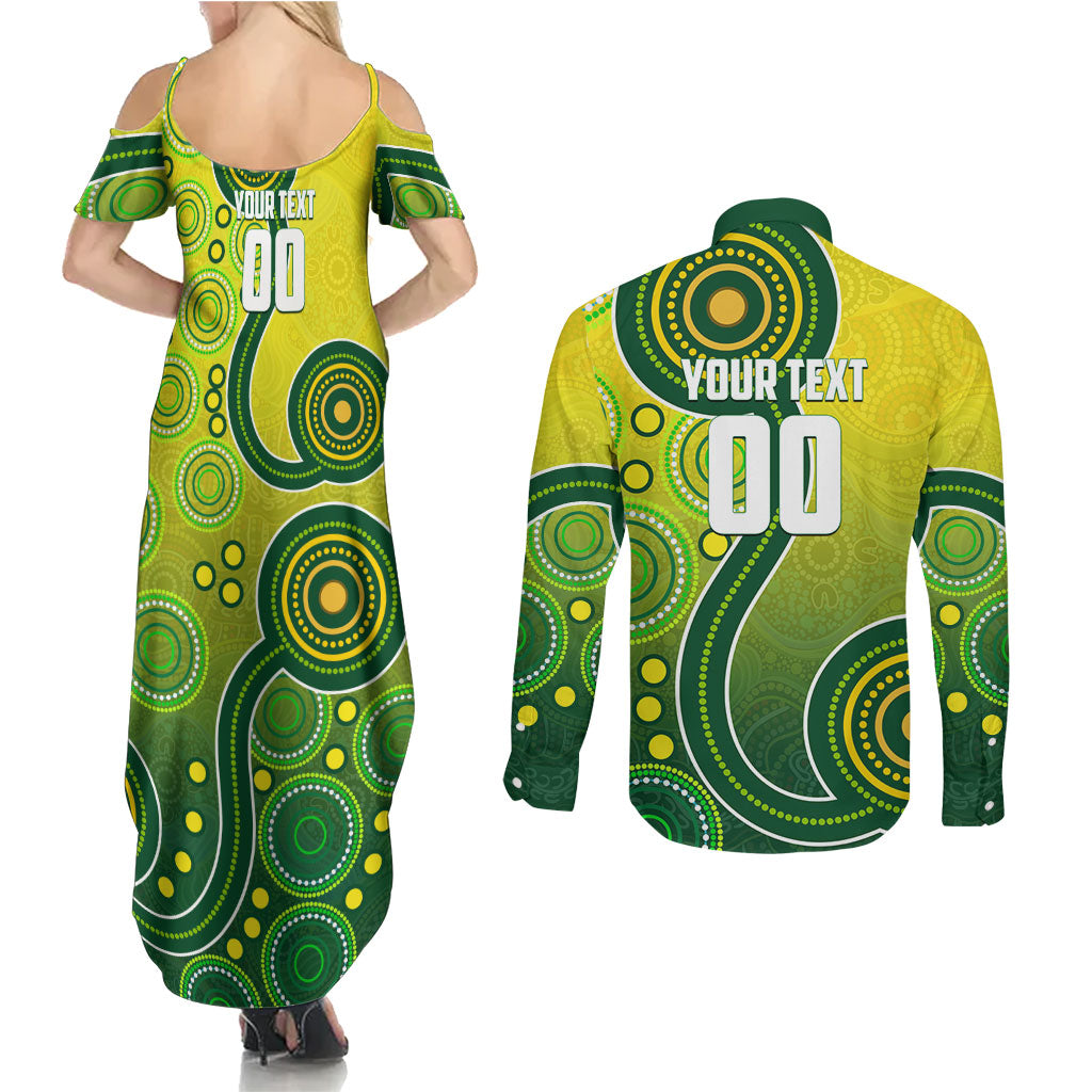 Personalized Australian Soccer Kangaroo Couples Matching Summer Maxi Dress and Long Sleeve Button Shirt Aboriginal Dot Pattern Green Gold Football Player