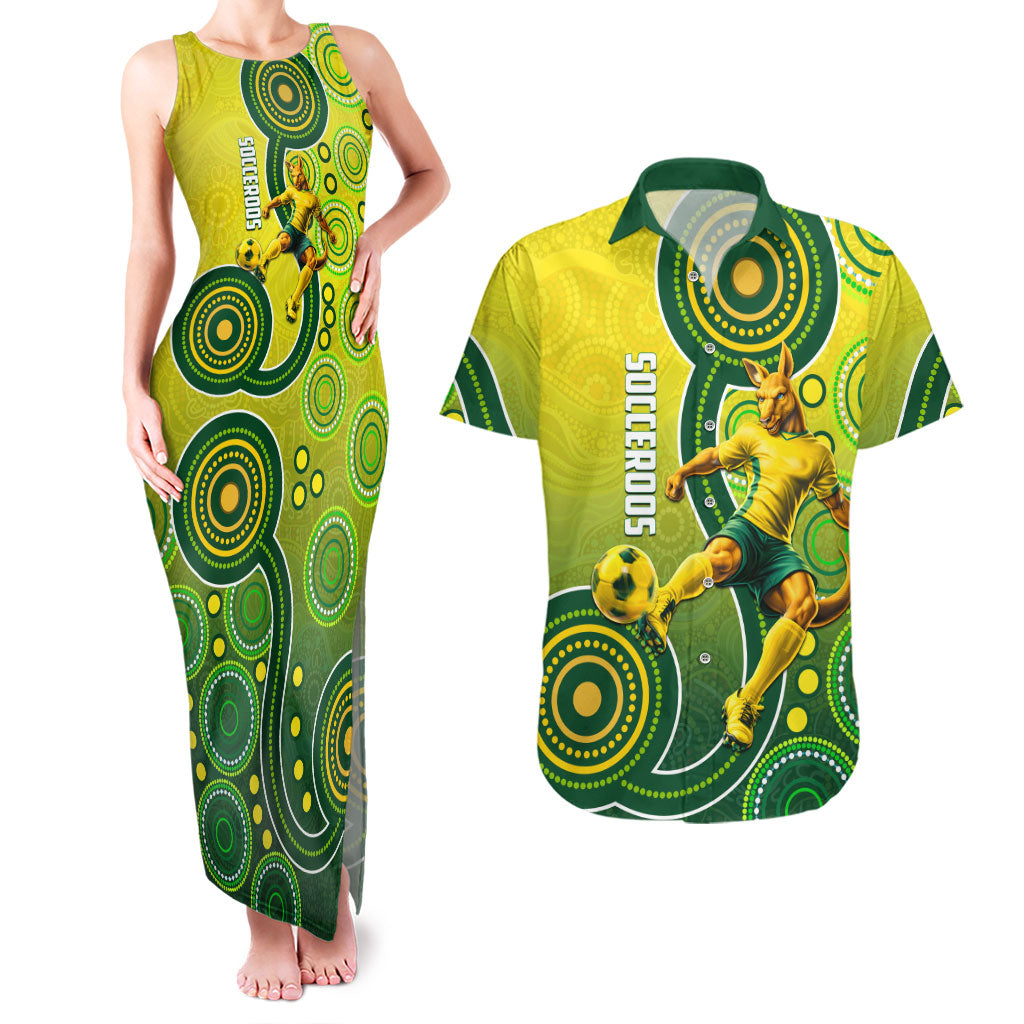 Personalized Australian Soccer Kangaroo Couples Matching Tank Maxi Dress and Hawaiian Shirt Aboriginal Dot Pattern Green Gold Football Player