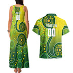 Personalized Australian Soccer Kangaroo Couples Matching Tank Maxi Dress and Hawaiian Shirt Aboriginal Dot Pattern Green Gold Football Player