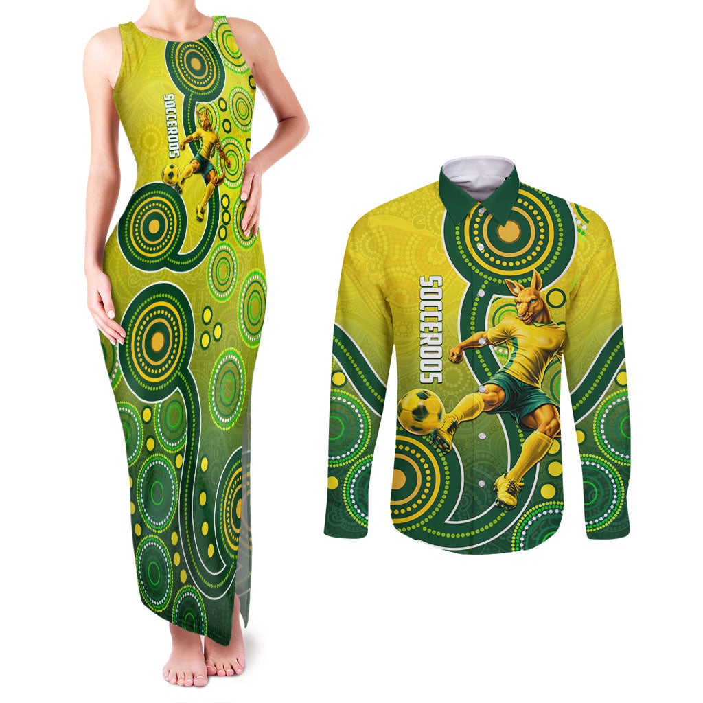 Personalized Australian Soccer Kangaroo Couples Matching Tank Maxi Dress and Long Sleeve Button Shirt Aboriginal Dot Pattern Green Gold Football Player