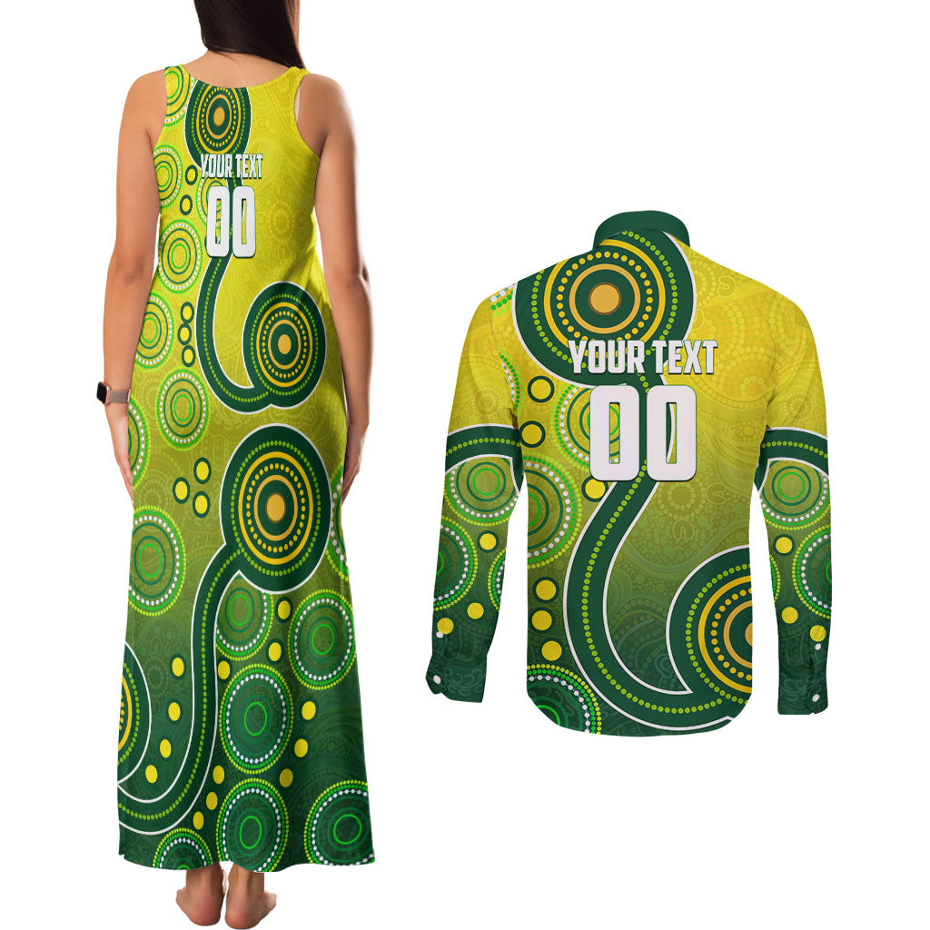 Personalized Australian Soccer Kangaroo Couples Matching Tank Maxi Dress and Long Sleeve Button Shirt Aboriginal Dot Pattern Green Gold Football Player