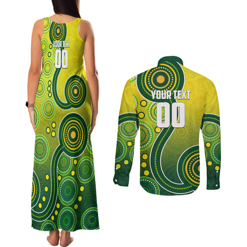 Personalized Australian Soccer Kangaroo Couples Matching Tank Maxi Dress and Long Sleeve Button Shirt Aboriginal Dot Pattern Green Gold Football Player