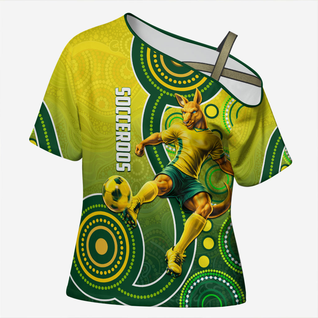 Personalized Australian Soccer Kangaroo Cross Shoulder Shirt Aboriginal Dot Pattern Green Gold Football Player