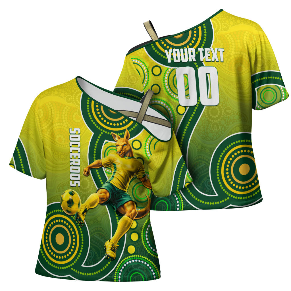 Personalized Australian Soccer Kangaroo Cross Shoulder Shirt Aboriginal Dot Pattern Green Gold Football Player