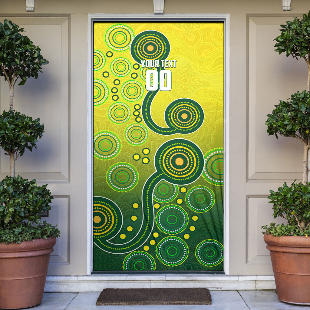 Personalized Australian Soccer Kangaroo Door Cover Aboriginal Dot Pattern Green Gold Football Player