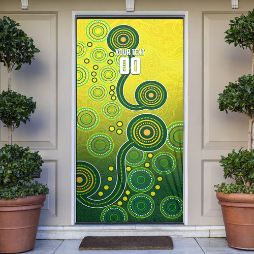 Personalized Australian Soccer Kangaroo Door Cover Aboriginal Dot Pattern Green Gold Football Player