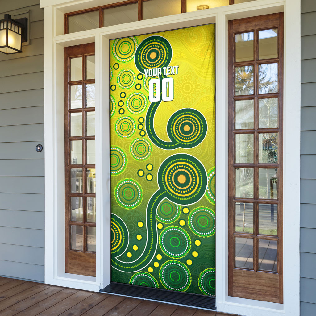Personalized Australian Soccer Kangaroo Door Cover Aboriginal Dot Pattern Green Gold Football Player