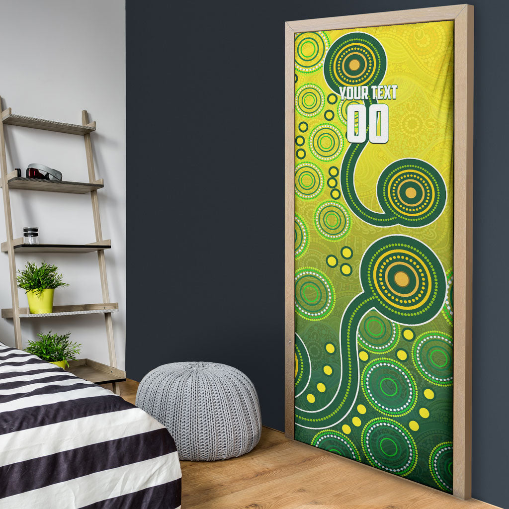 Personalized Australian Soccer Kangaroo Door Cover Aboriginal Dot Pattern Green Gold Football Player
