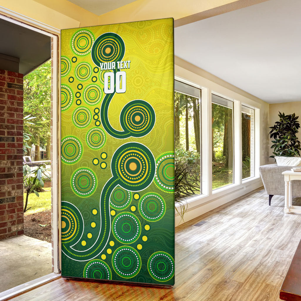 Personalized Australian Soccer Kangaroo Door Cover Aboriginal Dot Pattern Green Gold Football Player