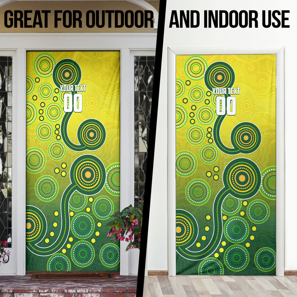 Personalized Australian Soccer Kangaroo Door Cover Aboriginal Dot Pattern Green Gold Football Player
