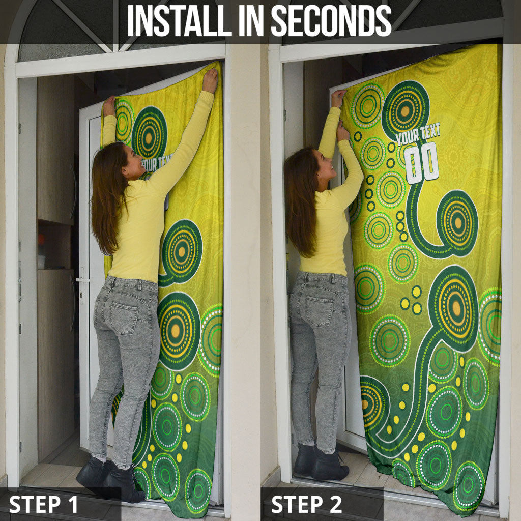 Personalized Australian Soccer Kangaroo Door Cover Aboriginal Dot Pattern Green Gold Football Player