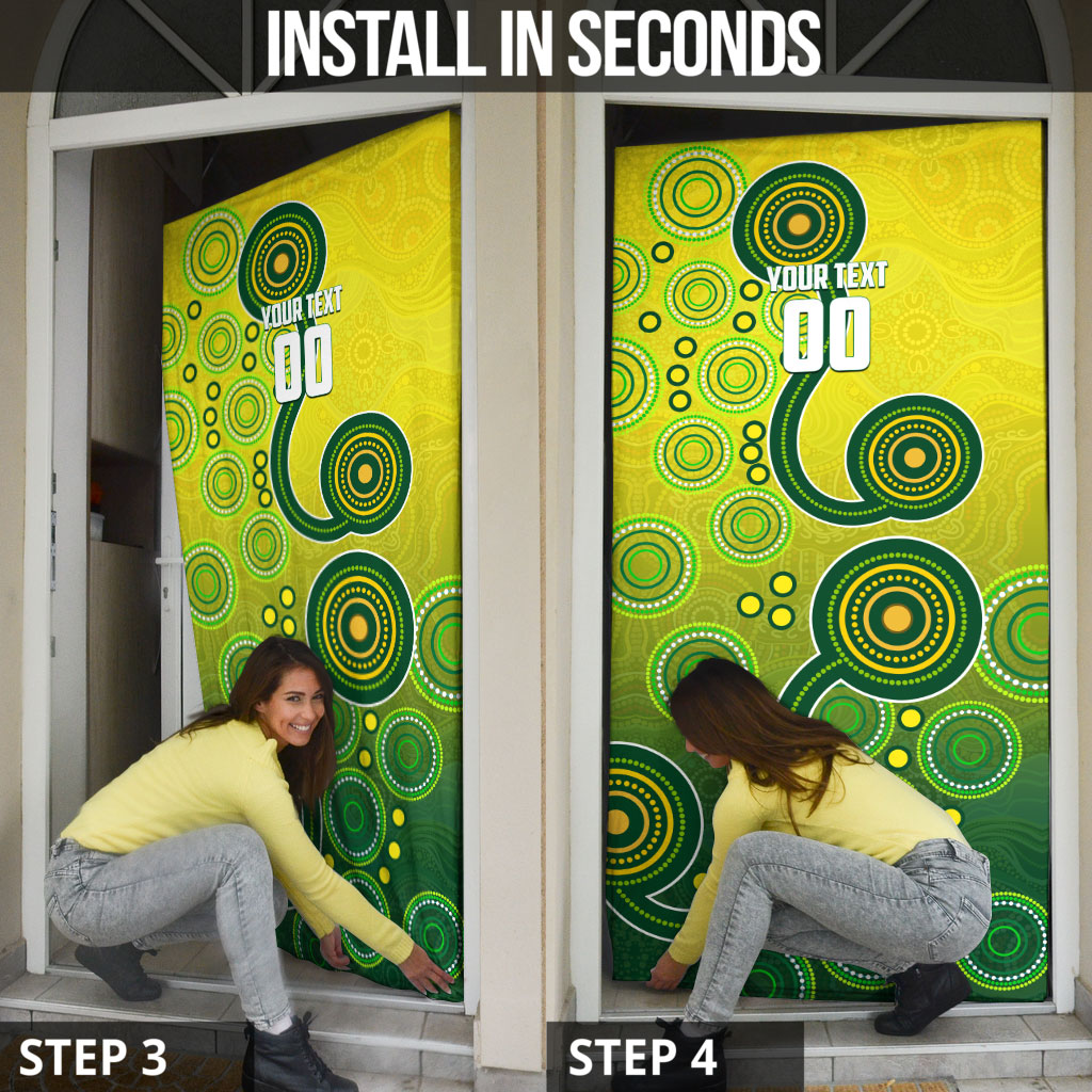 Personalized Australian Soccer Kangaroo Door Cover Aboriginal Dot Pattern Green Gold Football Player