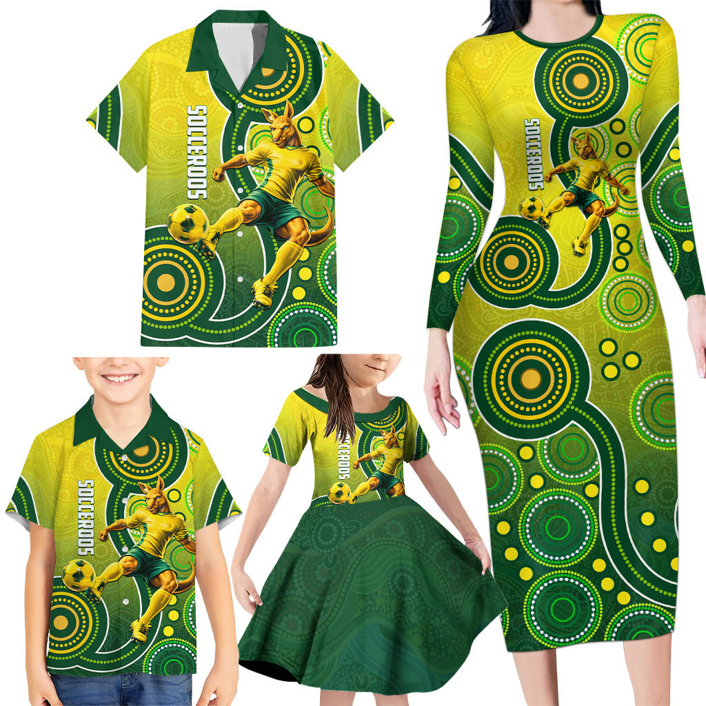 Personalized Australian Soccer Kangaroo Family Matching Long Sleeve Bodycon Dress and Hawaiian Shirt Aboriginal Dot Pattern Green Gold Football Player