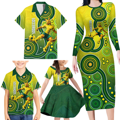 Personalized Australian Soccer Kangaroo Family Matching Long Sleeve Bodycon Dress and Hawaiian Shirt Aboriginal Dot Pattern Green Gold Football Player