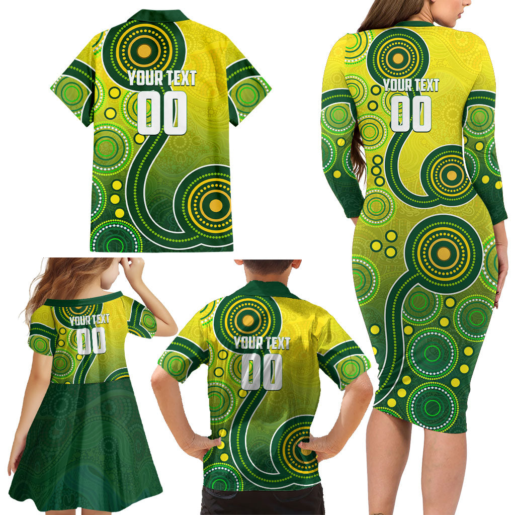Personalized Australian Soccer Kangaroo Family Matching Long Sleeve Bodycon Dress and Hawaiian Shirt Aboriginal Dot Pattern Green Gold Football Player