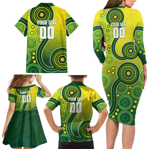 Personalized Australian Soccer Kangaroo Family Matching Long Sleeve Bodycon Dress and Hawaiian Shirt Aboriginal Dot Pattern Green Gold Football Player