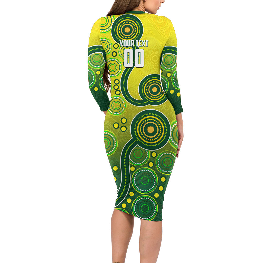 Personalized Australian Soccer Kangaroo Family Matching Long Sleeve Bodycon Dress and Hawaiian Shirt Aboriginal Dot Pattern Green Gold Football Player