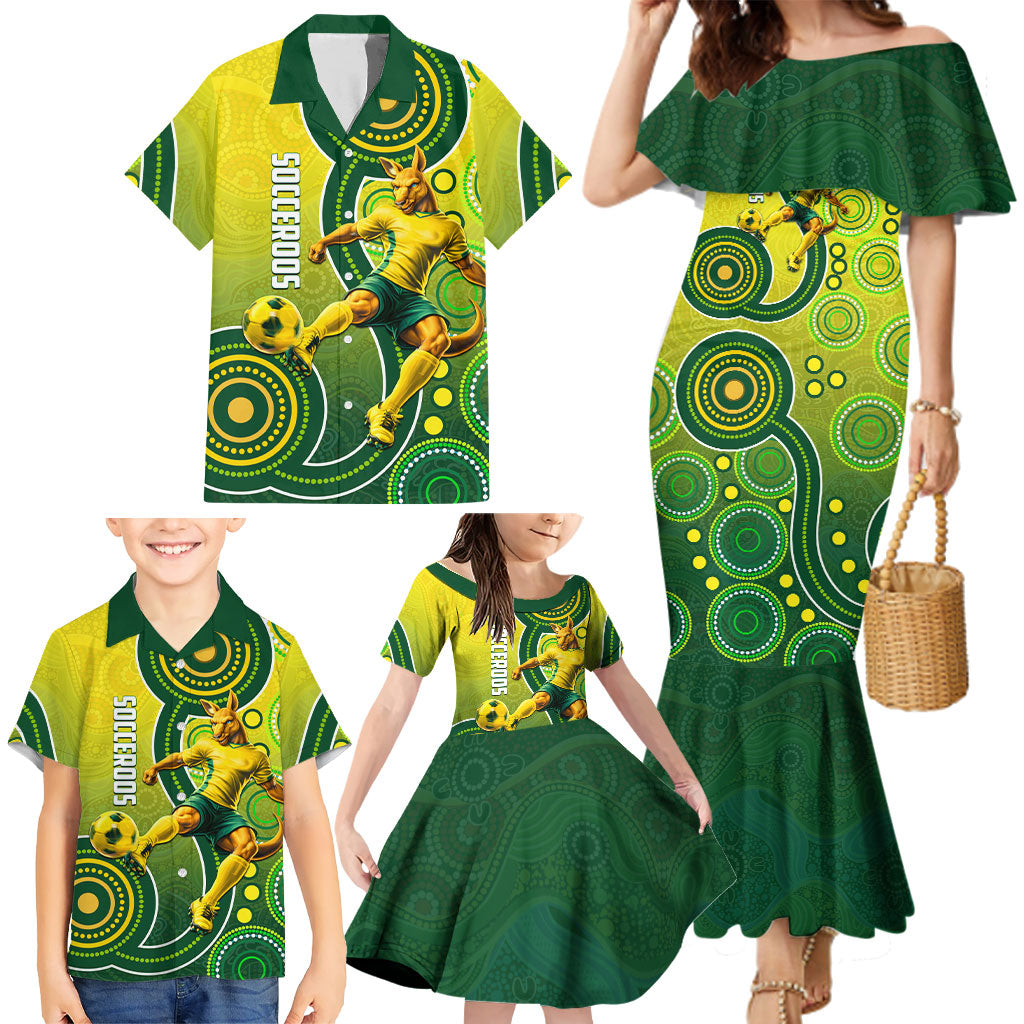 Personalized Australian Soccer Kangaroo Family Matching Mermaid Dress and Hawaiian Shirt Aboriginal Dot Pattern Green Gold Football Player