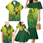 Personalized Australian Soccer Kangaroo Family Matching Mermaid Dress and Hawaiian Shirt Aboriginal Dot Pattern Green Gold Football Player