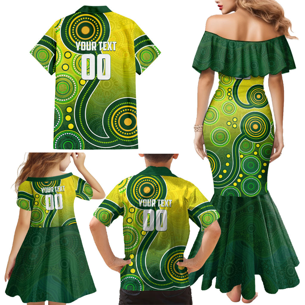 Personalized Australian Soccer Kangaroo Family Matching Mermaid Dress and Hawaiian Shirt Aboriginal Dot Pattern Green Gold Football Player
