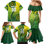 Personalized Australian Soccer Kangaroo Family Matching Mermaid Dress and Hawaiian Shirt Aboriginal Dot Pattern Green Gold Football Player