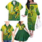 Personalized Australian Soccer Kangaroo Family Matching Off The Shoulder Long Sleeve Dress and Hawaiian Shirt Aboriginal Dot Pattern Green Gold Football Player
