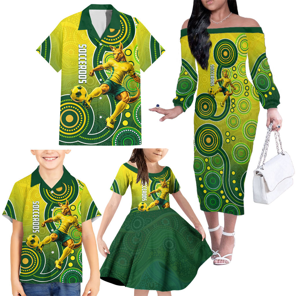 Personalized Australian Soccer Kangaroo Family Matching Off The Shoulder Long Sleeve Dress and Hawaiian Shirt Aboriginal Dot Pattern Green Gold Football Player